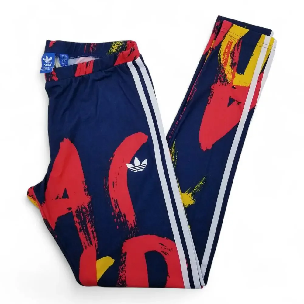 ADIDAS Paris Graphic Print Three Stripe Leggings Navy Red Yellow - Medium - Picture 2 of 12